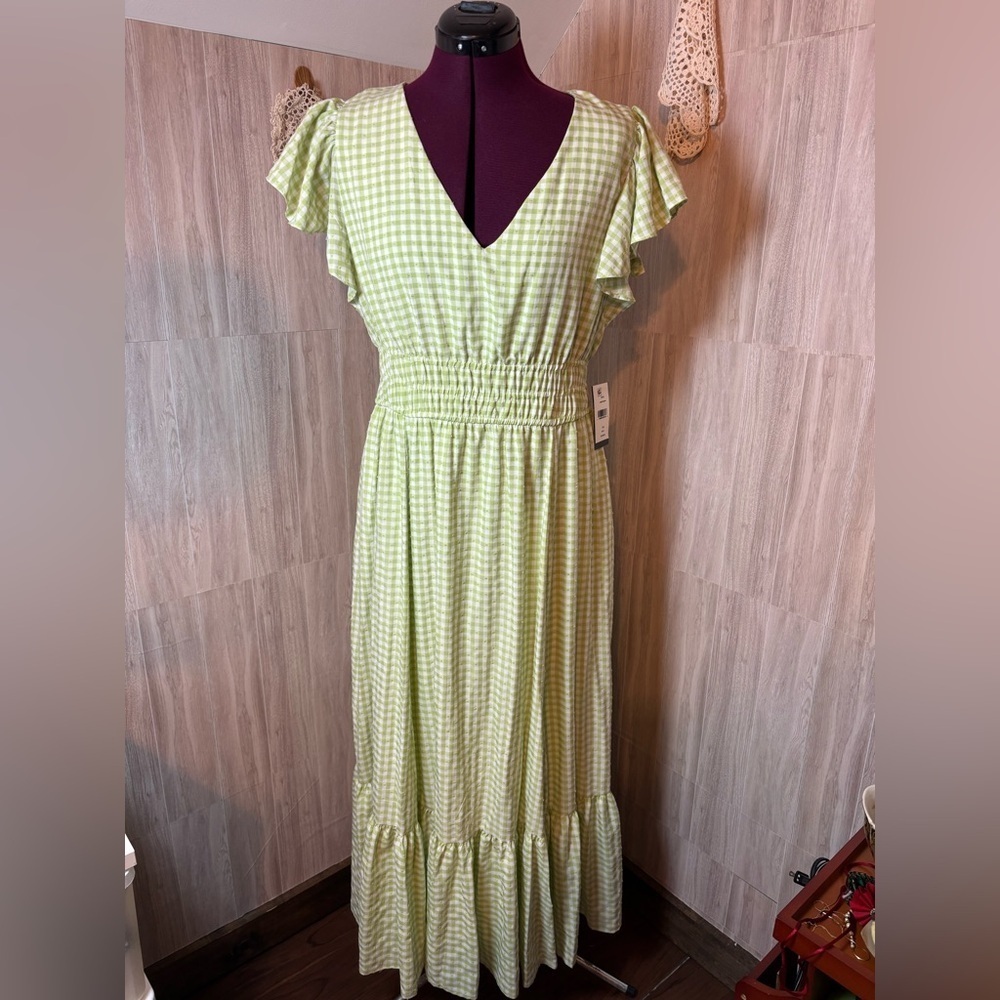 Taylor Lime Green and Cream Checked Gingham Maxi Dress